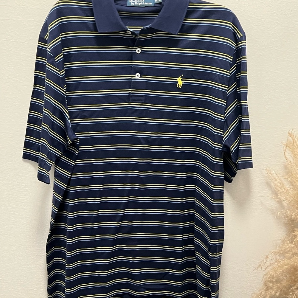 Ralph Lauren Men's Polo Shirt in Navy with Yellow, Blue and White Stripes
